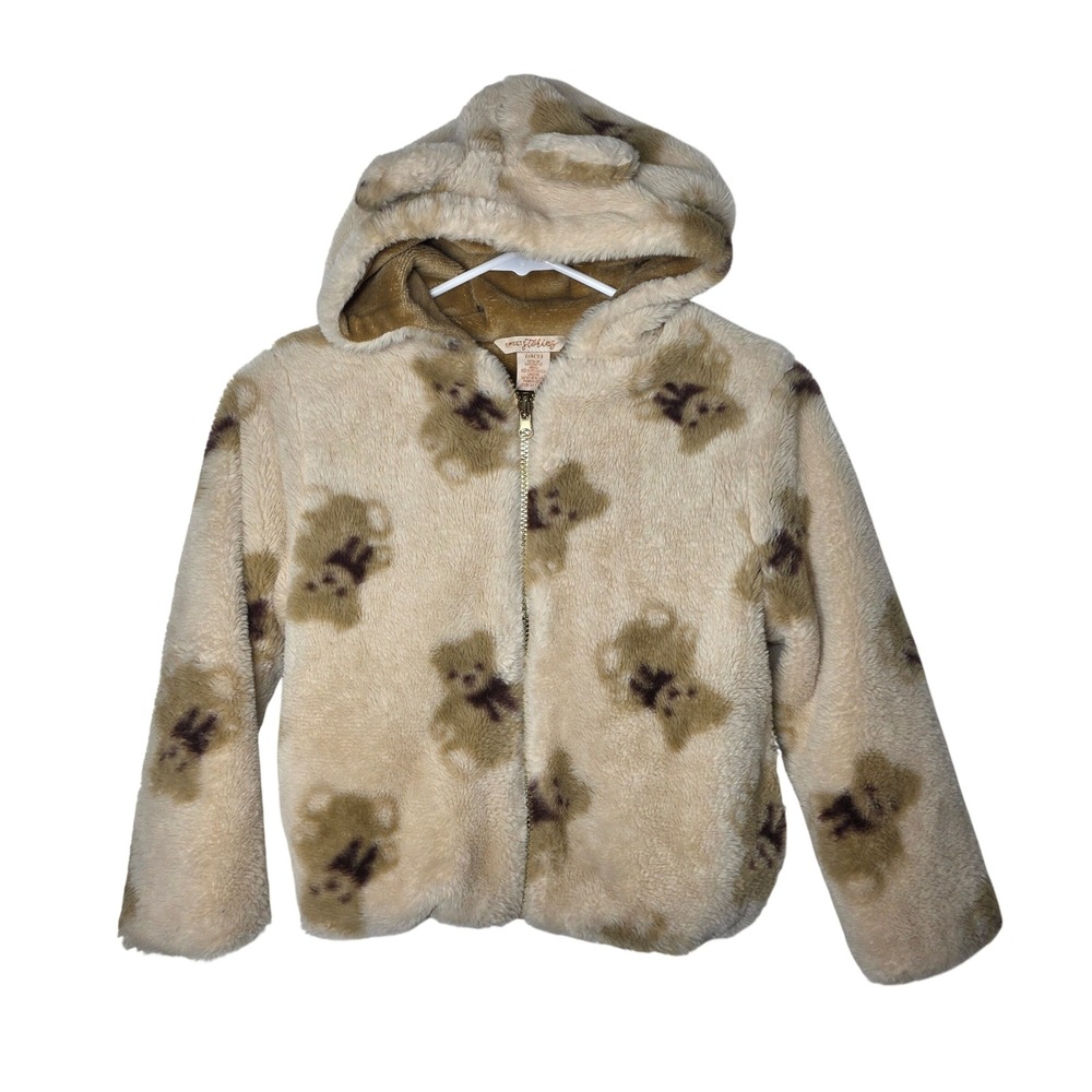 Sweet Stories Girls Faux Fur Teddy Bear Hooded Jacket Beige Brown Size 7/8 S